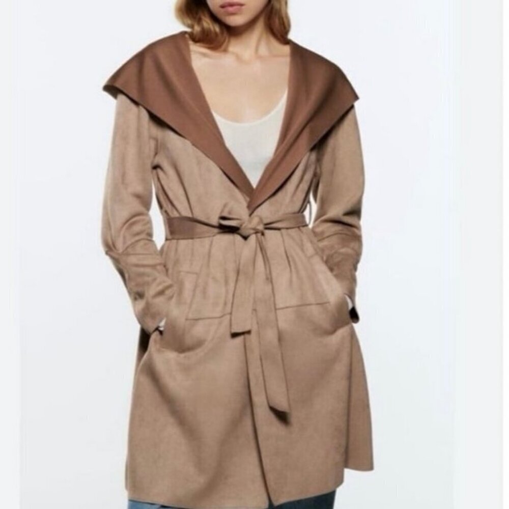 Zara Faux Suede Contrast Collar Belted Hooded Wrap Coat Women’s Size XS